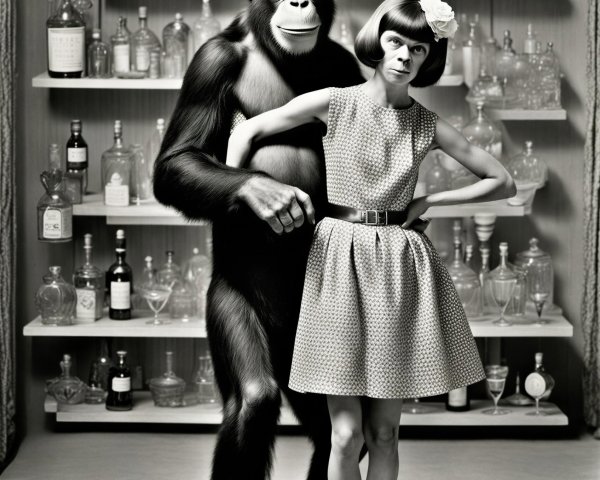 Black and white fashion portrait of a woman and chimpanzee