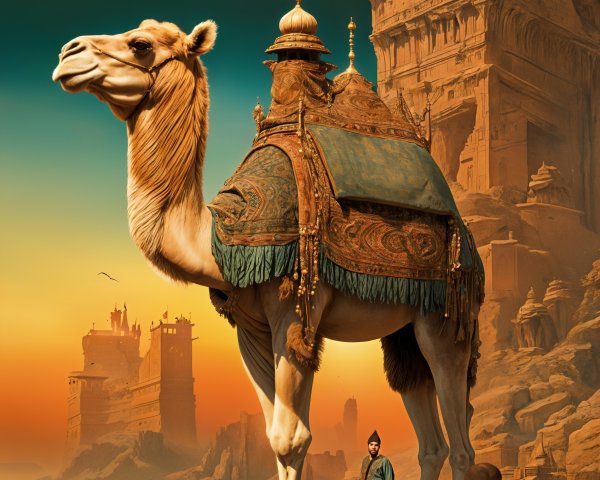 Camel with Ornate Saddle in Surreal Landscape