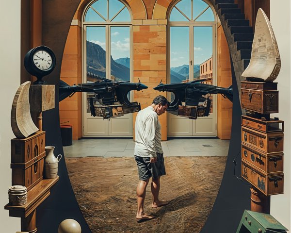 Surreal Room with Clocks, Drones, and Mountain Views
