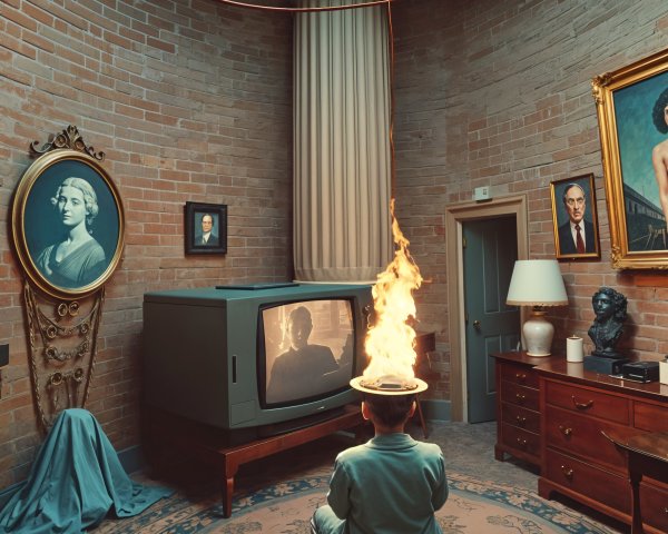 Surreal Scene in Vintage Room with Fiery Hat