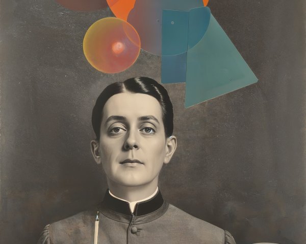 Surreal Portrait with Geometric Shapes and Colorful Spheres