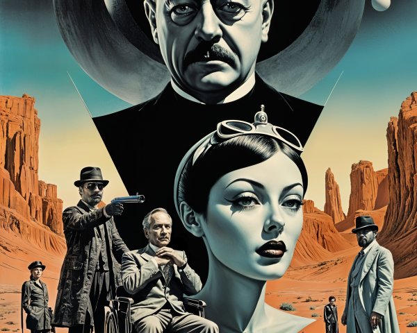 Retro-Futuristic Scene with Cosmic Backdrop and Figures