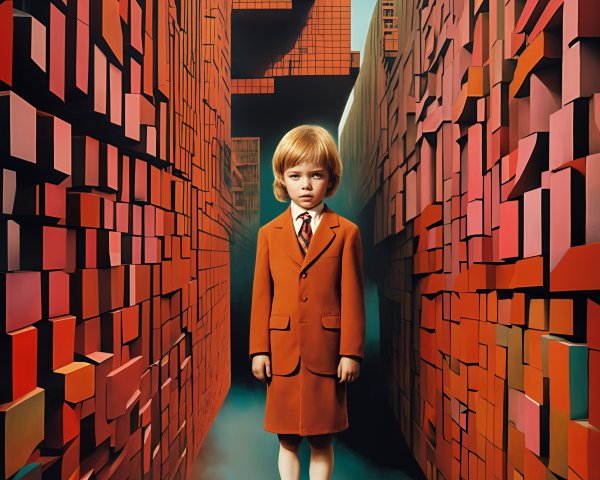 Young boy in vibrant geometric alley with reflections