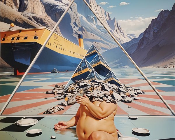 Surreal Scene of Fragmented Figure and Geometric Elements