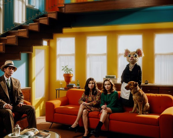 Colorful Living Room Scene with Pets and Whimsical Characters