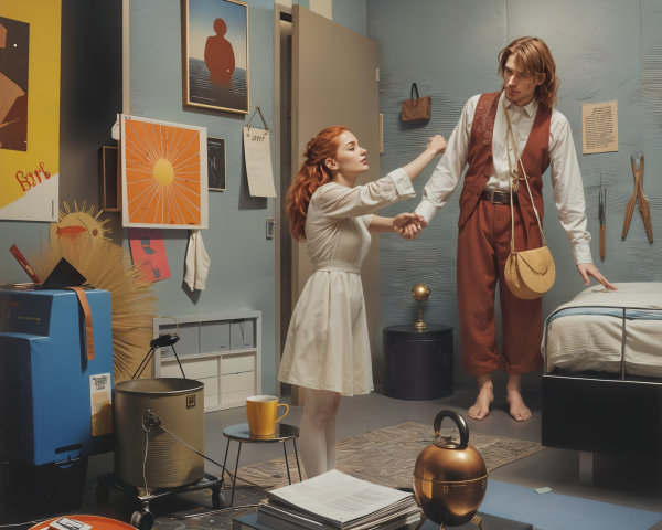 Young woman in white dress gestures in eclectic room