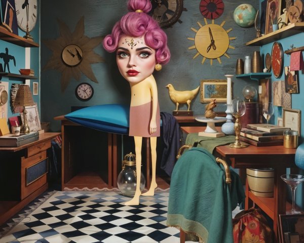 Surreal Room with Eclectic Decor and Oversized Figure