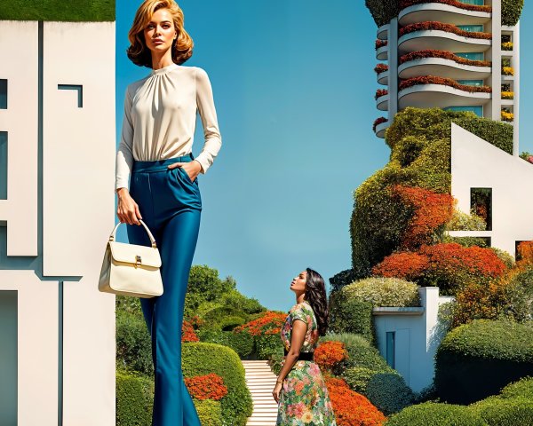Surreal Landscape with Fashionable Women and Moons