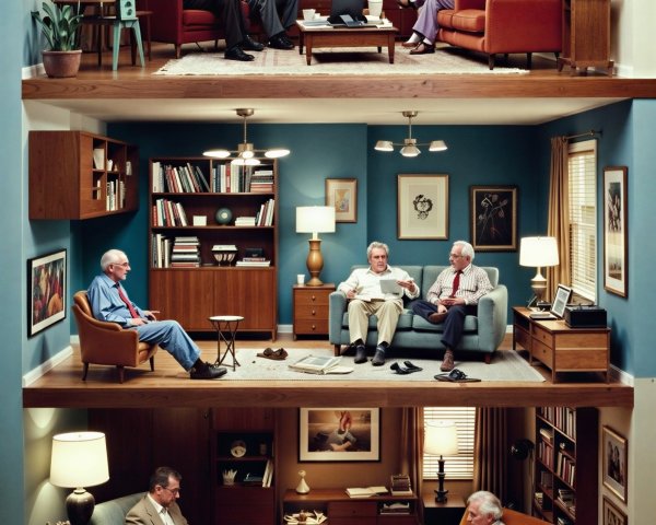 Mid-Century Modern Dollhouse with Engaged Individuals