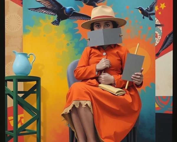 Woman in Orange Dress with Birds and Sun Background