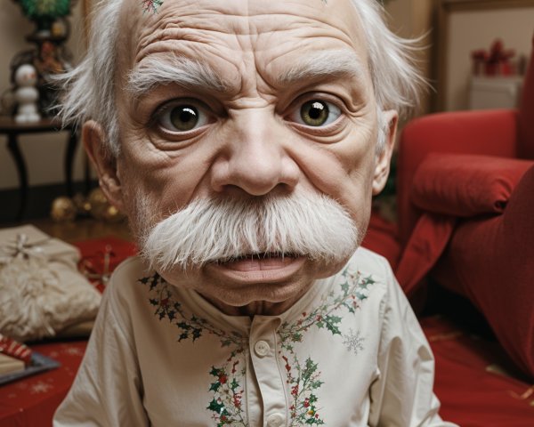 Humorous Christmas Portrait of Older Man with Bobblehead Features