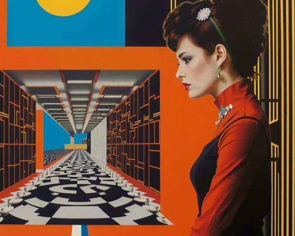 Surreal 80s Pop Art Collage with Dark-Haired Woman