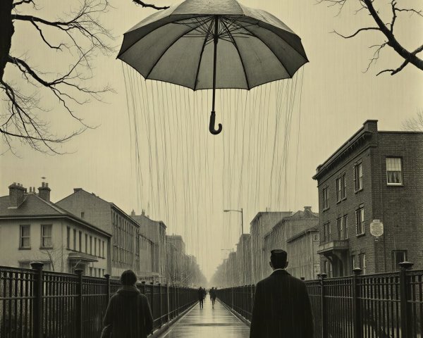 Surreal monochromatic photograph of a rainy street scene
