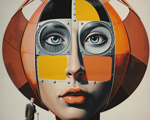 Pop Art Painting of Giant Metallic Robotic Head