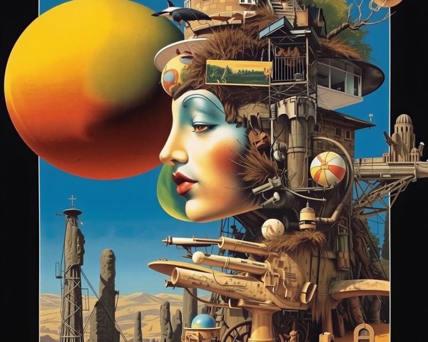 Surrealist Painting of Woman's Head in Desert Landscape