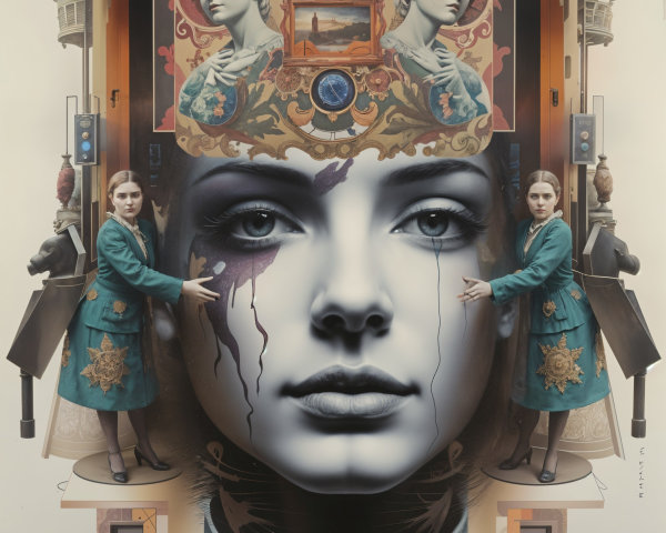 Surreal Composition with Stylized Face and Figures