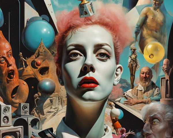 Surreal Collage with Pastel Pink Hair and Abstract Elements