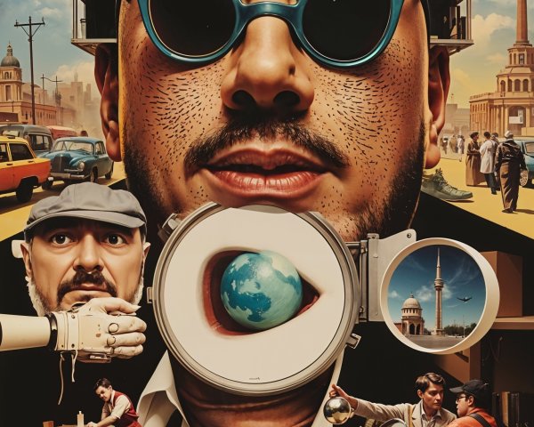 Surreal Urban Scene with Expressive Face and Globe Eye