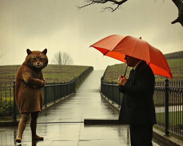 Well-Dressed Man with Orange Umbrella and Creature
