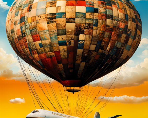 Whimsical Hot Air Balloon and Airplane in Bright Sky