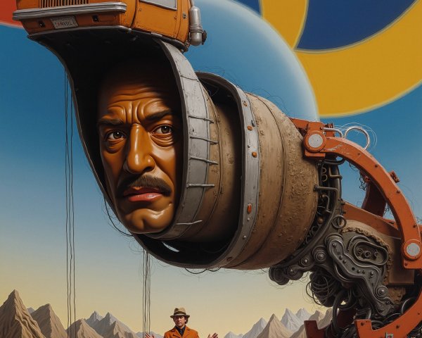 Surreal Scene of Humanoid Figure with Truck Head