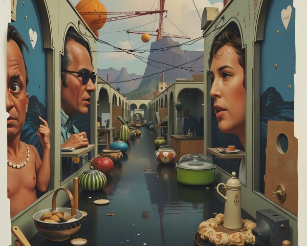 Surreal Scene with Two Faces and Dreamlike Elements