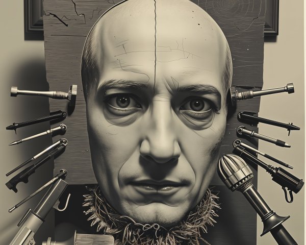 Surreal Artwork of Human Head with Industrial Elements