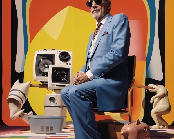 Stylish Man in Light Blue Suit Amid Vibrant Background