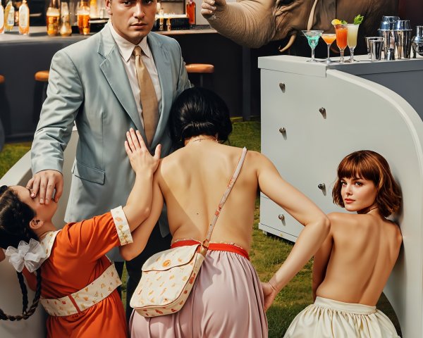 Man in Blue Suit Surrounded by Women and Elephant