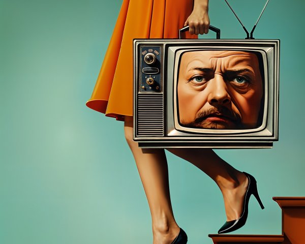Woman in Orange Dress with TV on Staircase