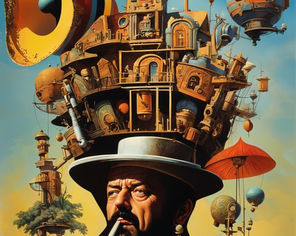 Surreal Character with Cityscape and Whimsical Elements