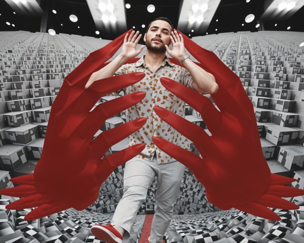 Surreal Scene with Geometric Shapes and Oversized Hands