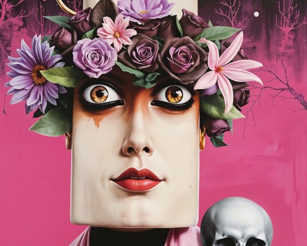 Surreal Character with Refrigerator Head and Cosmic Background