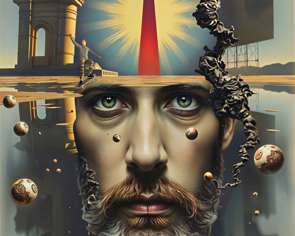 Surreal portrait of a man with glowing red "T