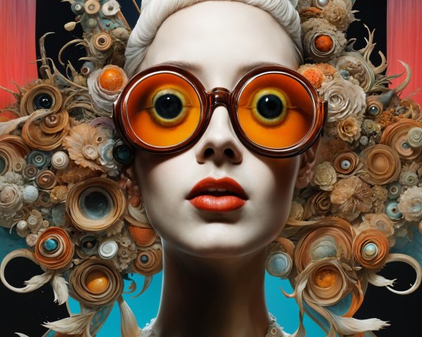 Portrait of a Woman with Floral Hairstyle and Sunglasses