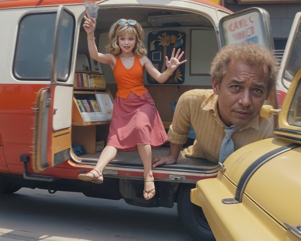 Young Girl Leaps from Van in Colorful City Scene