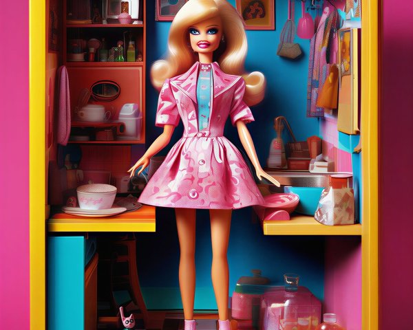 Barbie Doll in Box with Colorful Kitchen Background