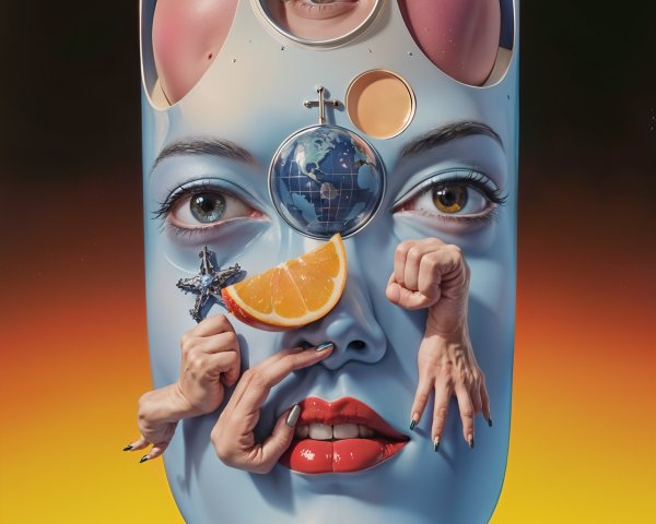 Surreal Humanoid Figure with Abstract Headpiece and Objects