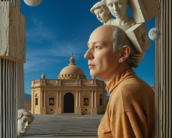 Surreal Composition with Woman's Profile and Sculptures