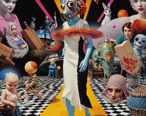 Surreal Artwork with Central Figure and Whimsical Elements