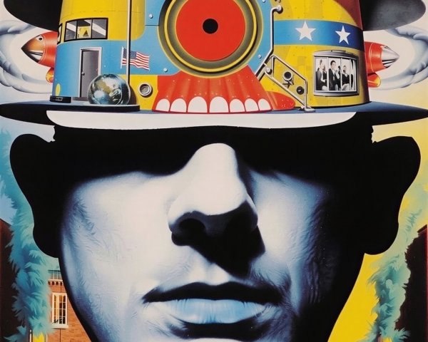 Illustration of a man's head with train-shaped hat