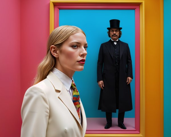 Fashionable Woman in Cream Suit with Dapper Man in Niche