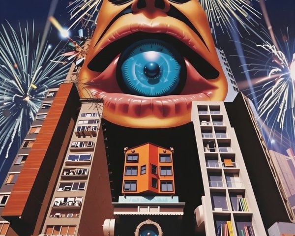 Surreal Image of Giant Face Overlooking Fireworks