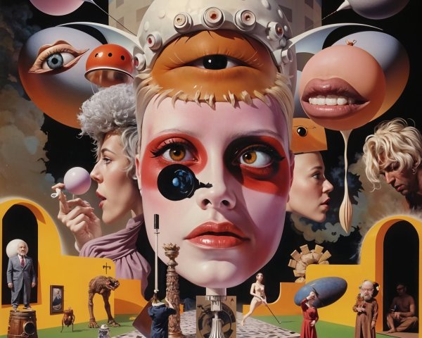 Surreal Scene with Giant Face and Floating Elements