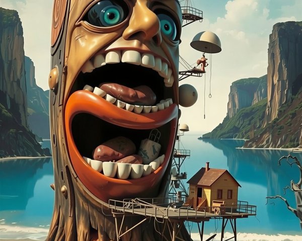 Surreal Painting of Giant Wooden Totem on Beach