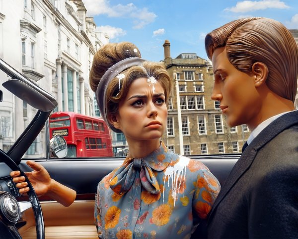 Vintage Scene in Classic Convertible Car with City Backdrop
