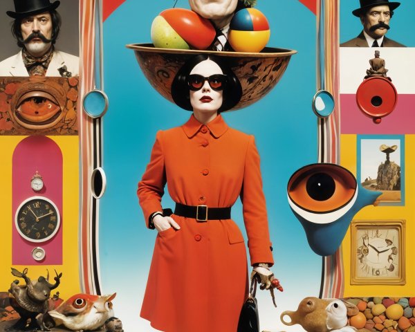 Surreal Composition with Colorful Central Figure and Objects