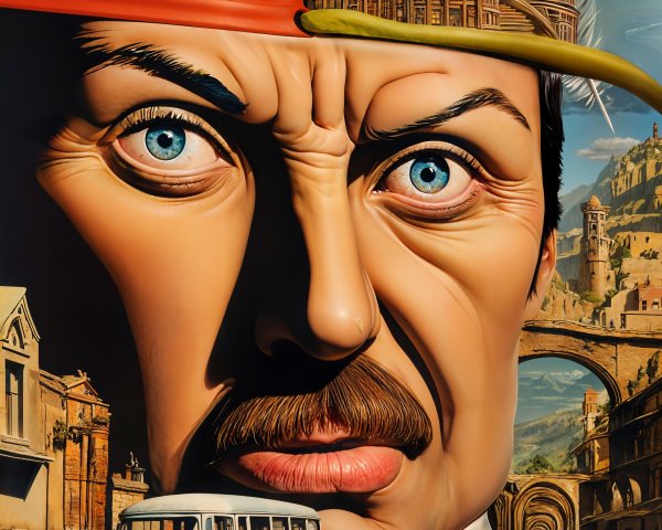 Surreal Oversized Face in Whimsical Cityscape