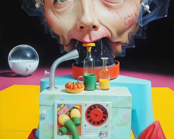 Surreal Scene with Exaggerated Head and Colorful Background