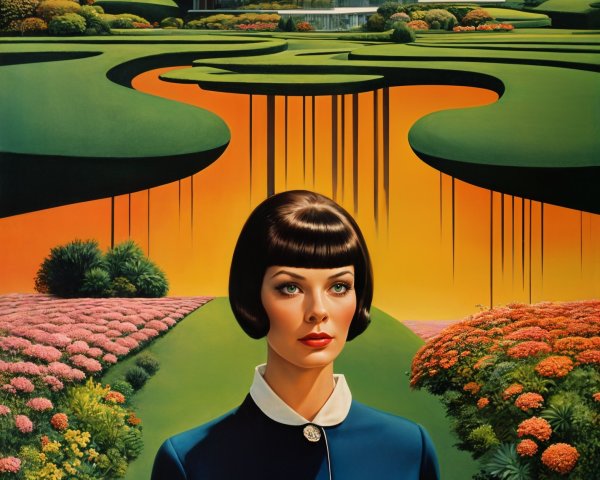 Stylized Illustration of Woman in Garden with River